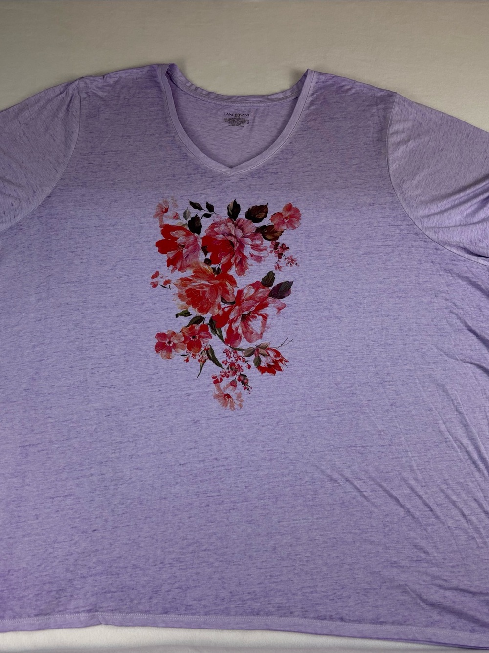Lane Bryant Lilac V-Neck Tee with Red Floral Print